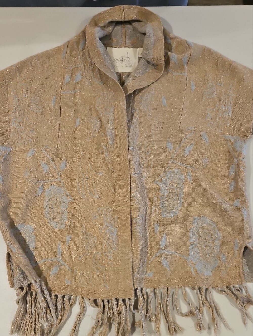 Anthropologie Poncho Shrug Cardi Gold Metalic Thread & Fringe 0176